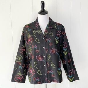 Vintage Studio Works Top Womens PL Silk Colorful Flowers Embroidered Button Up